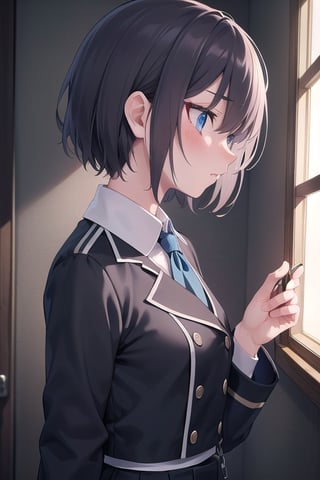 (masterpiece), best quality, high resolution, highly detailed, detailed background, perfect lighting, 1girl, short hair, intense blue eyes, disciplined expression, disciplinary committee uniform,side view