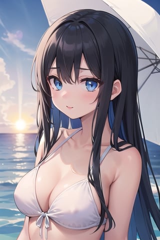 (masterpiece), best quality, high resolution, highly detailed, detailed background, perfect lighting, 1girl, long black hair, bright blue eyes, sun-kissed complexion, swimsuit.