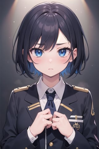 (masterpiece), best quality, high resolution, highly detailed, detailed background, perfect lighting, 1girl, short hair, intense blue eyes, disciplined expression, disciplinary committee uniform