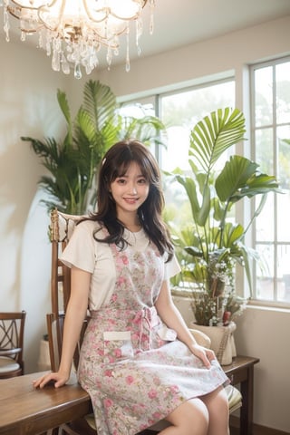 1girl, solo, long hair, black hair, sitting, indoors, apron, chair, floral print, table, plant, hand fan, smile, beautiful hands, beautiful fingers