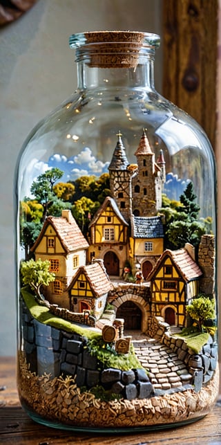 A glass jar with a cork lid. Inside the jar, there's a miniature representation of a historic medieval village. The top layer of the jar depicts stone houses with thatched roofs, a castle in the background, and a sunny sky. The bottom layer reveals villagers going about their daily activities and a cobblestone street. The entire scene is encapsulated within the jar, creating a charming and captivating visual.