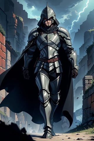 Very villanous and badass dark knight, wildly smile, brown short hair. He wears a very black badass battle armor (heavy plate armor, heavy metal shoulder pad, metal boots, badass cape, badass helmet covering the entire face). Beautiful skin. Beautitul and detailed eyes. red eyes. His eyes shine, his hair looks nice and shines too. he's walking in medieval castle. day with electrical storm. day. Masculine appearance, villanus