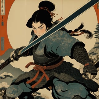 1girl, battle stance, armor, holding sword, masterpiece, best quality, aesthetic, ukiyo-e background,