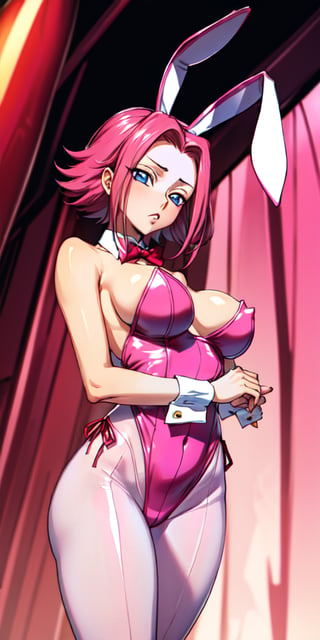 masterpiece, best quality, highly detailed, highres, hdr, code geass, 1girl, solo (((pink playboy bunny))), pink pantyhose, pink leotard, rabbit ears, red bowtie, pink footwear, wrist cuffs, blue eyes, hair intakes, large breasts, red hair, short hair, skin tight, spiked hair cowboy shot, intense angle, mksks style, beautiful background, detailed background, professional lightning,kallen stadtfeld,