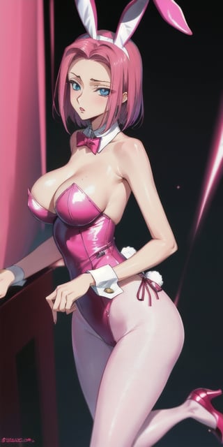 masterpiece, best quality, highly detailed, highres, hdr, code geass, 1girl, solo (((pink playboy bunny))), pink pantyhose, pink leotard, rabbit ears, red bowtie, pink footwear, wrist cuffs, blue eyes, hair intakes, large breasts, red hair, short hair, skin tight, spiked hair cowboy shot, intense angle, mksks style, beautiful background, detailed background, professional lightning,kallen stadtfeld,,codeGeass,Oversized shirt