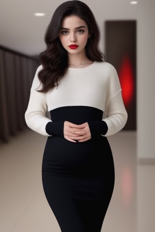 (masterpiece), beautiful girl, slim body, most beautiful, 18 year old, masterpiece, black hair, wavy hair, white skin, sharp jawline, sweater, pant, messy hair, full body , tight dress, nipples visible on dress, pregnant, red lips, black eye, hd, 16k realistic, background bar,<lora:659095807385103906:1.0>