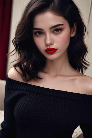 (masterpiece), beautiful girl, slim body, most beautiful, 18 year old, masterpiece, black hair, wavy hair, white skin, sharp jawline, sweater, messy hair, half body, tight dress, nipples visible on dress,  red lips, black eye, hd, 16k realistic, ,<lora:659095807385103906:1.0>,<lora:659095807385103906:1.0>