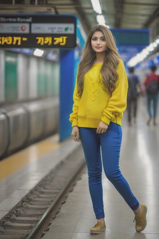 A pretty european girl in Dhaka metro rail station, full body, detailed clothes, green eyes, long flowing hair, shiny skin, subsurface scattering, ultra-detailed, real-life texture, dramatic lighting, dynamic composition, unreal engine, Nikon D850, wearing yellow sweater & blue pant, details face, clear face, snicker, Detail metro rail station 
