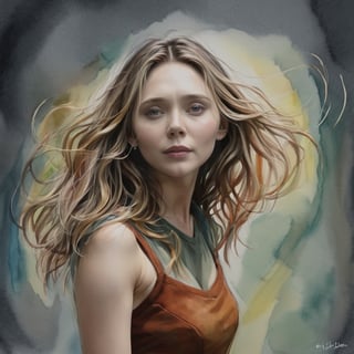 Elizabeth Olsen pencil sketch simple scribble lines in multi color inks, watercolor for shading