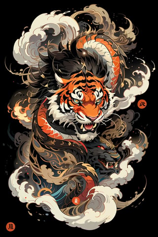 A beautifully drawn (((vintage t-shirt print))), featuring intricate ((retro-inspired typography)) encircling a (((sumi-e ink illustration))) depicting tiger, integrating elements of Japanese calligraphy  with black back ground
,MeganFox
