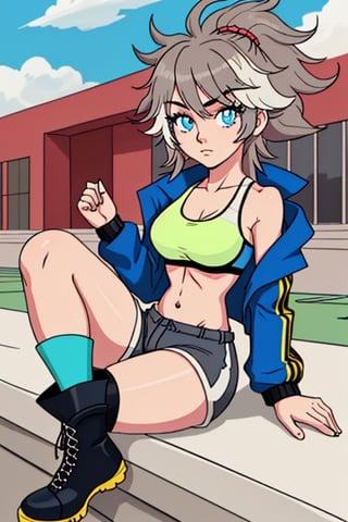 girl, teenager, messy_hair, multicolor_hair, sky_blue_eyes, cartoon, slim_waist, open_jacket, Sports_bra, shorts, boots, thigh_highs, relaxing