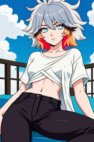 girl, teenager, messy_hair, multicolor_hair, sky_blue_eyes, cartoon, slim_waist, loose_shirt; sexy_pants, relaxing