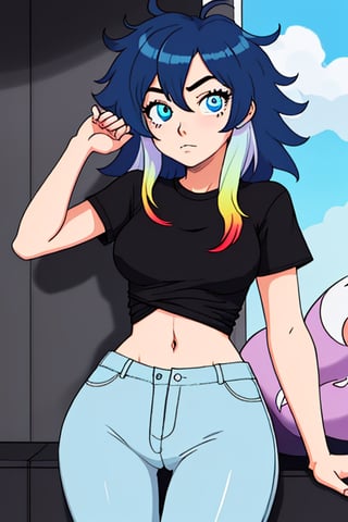 girl, teenager, messy_hair, multicolor_hair, sky_blue_eyes, cartoon, slim_waist, loose_shirt; sexy_pants, relaxing