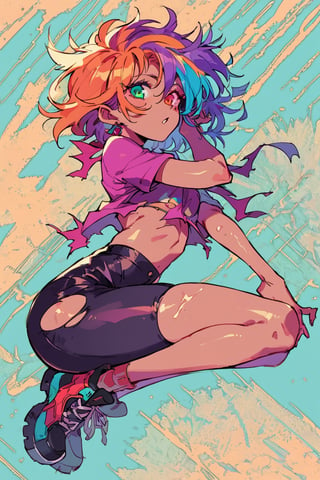 score_9, score_8_up, score_7_up, teen girl, messy hair, multicolored hair, heterochromia eyes, slim waist, short top, torn short pants, cartoon, full body, nsfw, hentai, only one female,Edwardxl,mellisa