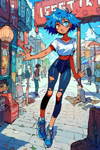 score_9, score_8_up, score_7_up, teen girl, messy hair, puple and blue hair, heterochromia eyes, slim waist, short top, torn pants, public, cartoon, full body, nsfw, hentai, only one female,Akaburstyle,Edwardxl