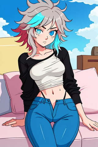 girl, teenager, messy_hair, multicolor_hair, sky_blue_eyes, cartoon, slim_waist, loose_shirt; sexy_pants, relaxing