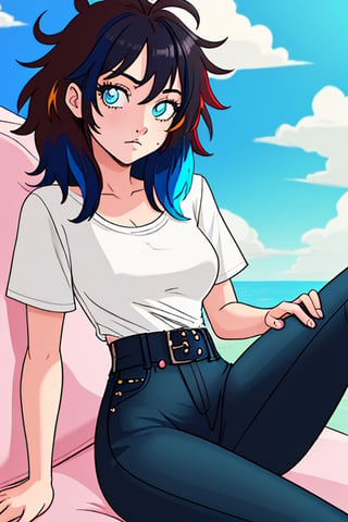 teen girl, messy_hair, multicolor_hair, medium hair, sky_blue_eyes, cartoon, slim_waist, loose_shirt; sexy_pants, relaxing