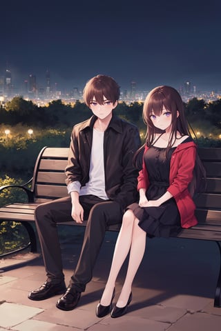 (((masterpiece))),(((best quality))), ((high resolution)), (((highly detailed))),((1boy and 1girl,couple:1.2)),sitting in park,midnight,city lights,bench,lean on shoulder