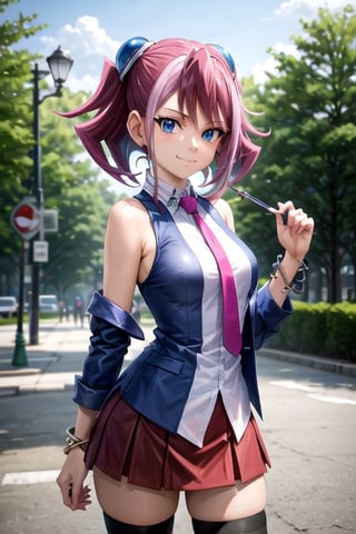 masterpiece,best quality,best aesthetic,anime,yu-gi-oh! arc-v,ultra detailed,hiiragi yuzu,1girl,solo,short twintails,hair ornament,medium breasts,school uniform,red necktie,sleeveless,white shirt, (blue jacket::1.2),red shirt, (short skirt::1.2), ((black thighhighs::1.2),jewelry, (bracelet::1.2),standing,looking at the viewer,smile, (closed mouth::1.2),cowboy shot,park,front view
