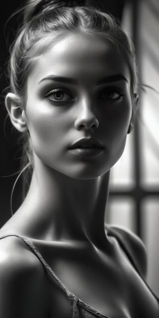 aesthetic sexy dark art, pencil sketch art, amazing quality, masterpiece, best quality, highres, breathtaking, breathtaking young and beautiful woman, close_up low angle, open wide tunic, topless, ponytail, slender, sensual, exciting, perfecteyes, portraitart,portrait art style, dim light,concept art,dark theme, 