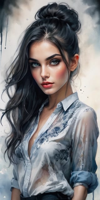 beautiful and exciting young woman, sensual, long dark hair, slender, perfect face, makeup, alluring, flirtatious, symmetrical highly detailed sharp eyes, Sliding shirt, open shirt, Watercolor, trending on artstation, sharp focus, studio photo, intricate details, highly detailed,ink ,oil paint ,painted world,smoke,ink scenery