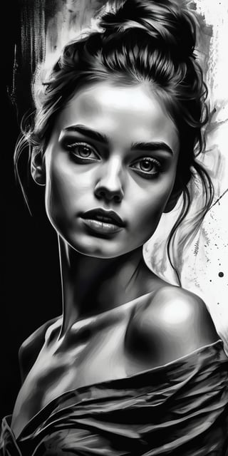 masterpiece, best quality, highres, breathtaking Digital art, ink painting, bw portrayal, studio portrait, sensual portrait full of emotions, A beautiful young woman, perfect body, slender, bare shoulders, full growth, closeup low angle, gloomy dark atmosphere , trending on artstation, sharp focus, intricate details, highly detailed, ,portraitart,portrait art style,Leonardo Style,charcoal \(medium\),Movie Poster,perfecteyes