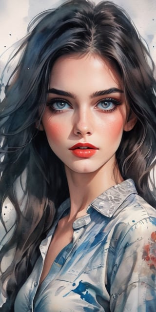 beautiful and exciting young woman, sensual, long dark hair, slender, perfect face, makeup, alluring, flirtatious, symmetrical highly detailed sharp eyes, Sliding shirt, open shirt, Watercolor, trending on artstation, sharp focus, studio photo, intricate details, highly detailed,ink ,oil paint ,painted world,smoke,ink scenery,Flat vector art