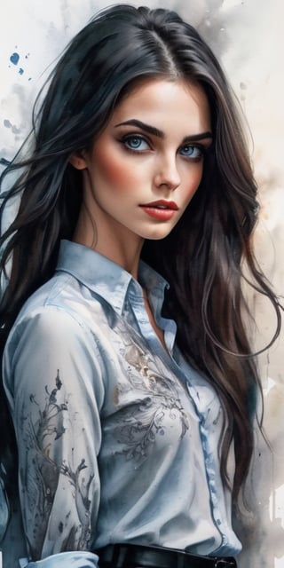 beautiful and exciting young woman, sensual, long dark hair, slender, perfect face, makeup, alluring, flirtatious, symmetrical highly detailed sharp eyes, simple Sliding shirt, Watercolor, trending on artstation, sharp focus, studio photo, intricate details, highly detailed,ink ,oil paint ,painted world,smoke,ink scenery