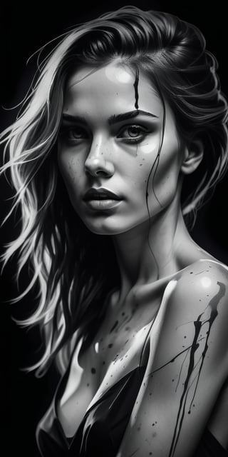 masterpiece, best quality, highres, breathtaking Digital art, ink painting, bw portrayal, studio portrait, sensual portrait full of emotions, A beautiful young woman, perfect body, slender, bare shoulders, full growth, closeup low angle, gloomy dark atmosphere , light leaks, trending on artstation, sharp focus, intricate details, highly detailed, ,portraitart,portrait art style,Leonardo Style