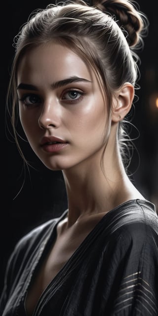 aesthetic sexy dark art, pencil sketch art, amazing quality, masterpiece, best quality, highres, breathtaking, breathtaking young and beautiful woman, close_up low angle, open wide tunic, topless, ponytail, slender, sensual, exciting, perfecteyes, portraitart,portrait art style, dim light,concept art,dark theme, 