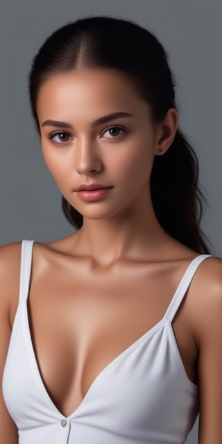 Masterpiece, best quality, highres, a picture of Beautiful female's breast, small size, flat chested, detailed skin, tanned skin, tanlines, ponytail, sensual and sensitive, open blouse, downblouse, simple background,,<lora:659095807385103906:1.0>