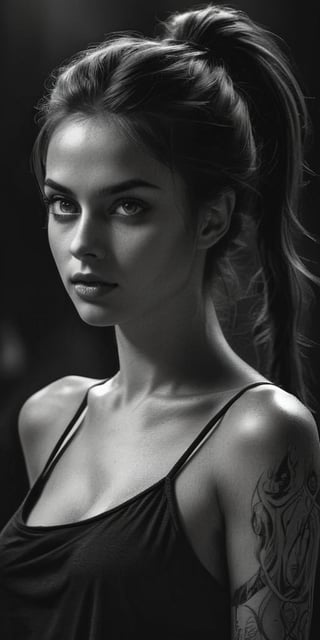 aesthetic sexy dark art, pencil sketch art, amazing quality, masterpiece, best quality, highres, breathtaking, breathtaking young and beautiful woman, close_up low angle, open wide tunic, topless, ponytail, slender, sensual, exciting, perfecteyes, portraitart,portrait art style, dim light,concept art,dark theme, 