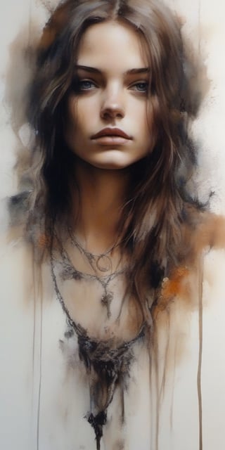 beautiful oil painting, breathtaking a picture of Beautiful woman, beautiful and exciting 21 years old, small breast, flat chested, necklace, detailed skin, tanned skin, long hair, sensual and sensitive, open blouse, downblouse, open robe, hood, black and white, simple background, nsfw, by Carne Griffiths,wtrcolor style,ink ,ink scenery