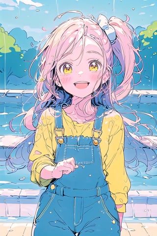 1girl, :d, sweet and innocent-looking girl, long hair, light pink hair, soft curls, cute little bows, ,ribbons, babycore, bright pink overalls, yellow, oversized t-shirt, 2d art, rainobws, anime screenshot, kyoani, ,koe no katachi,marika tachibana