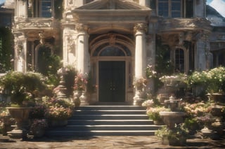 (Masterpiece,  Best Quality),  insaneres,  (8k resolution),  ff14bg,  fantasy,  (a mansion house from front yard),  no humans,  chair,  door,  plants,  flower,  scenery,  fantasy,  potted plant,  loaded exterior (extremely detailed),  soft lighting,  bloom,  day,  (depth of field:1.1), , , 