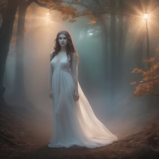 Laura, beautiful, transparent ghost female at night in the forest, long white dress, colorful aura around her body