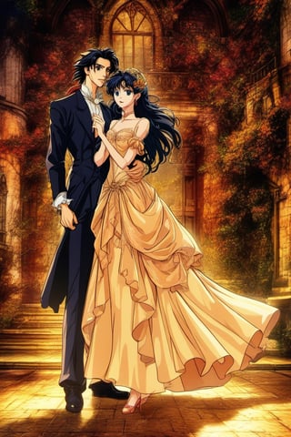 (Best quality) (masterpiece) A beautiful dark couple dancing full body portrait in the 1990 anime show, dark fantasy, ((vintage anime)) (((1990s anime))) , retro anime, fairytale, Classic fairytale, dark fairytale ,magical fantasy style, ominous background,old mansion, castle,pencil sketch, ,horror,2d_animated,EpicSky, 6000,2D, Beautiful young guy,kind expression,gold_eyes,long_hair
