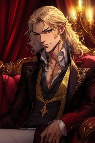 Beautiful male vampire,sensual,aesthetic,luxurious sofa,gothic room, candlelight,glittering dust,wine red curtains,long blond hair, gold eyes, gentle expression,Pencil drawing,white background,dfdd,Dark_Fantasy_Style,Witchblade