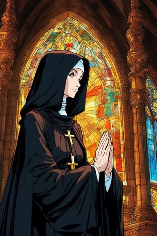 (Best quality) (masterpiece) A beautiful dark nun praying in a church portrait in the 1990 anime show, dark fantasy, ((vintage anime)) (((1990s anime))) , retro anime, fairytale, Classic fairytale, dark fairytale ,magical fantasy style, ominous background,pencil sketch, ,horror,2d_animated,EpicSky, 6000,2D, beautiful girl