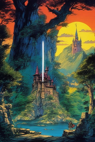 (Best quality) (masterpiece) A beautiful dark sword in stone scenery in the 1990 anime show, dark fantasy, ((vintage anime)) (((1990s anime))) , retro anime, fairytale, Classic fairytale, dark fairytale ,magical fantasy style,dark background,pencil sketch, ,horror,2d_animated, 6000,2D