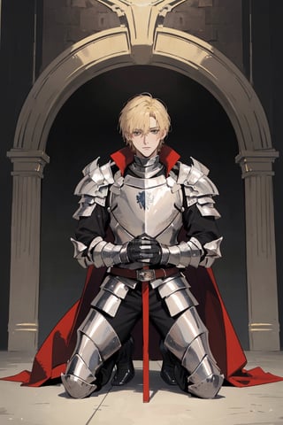 (masterpiece, best quality, highres:1.1), ultra resolution image, (1guy), male, (solo), knight, armored, black knight, blonde_hair, noise, full body, kneeling,