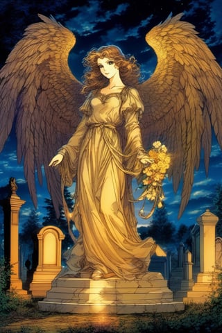 (Best quality) (masterpiece) A beautiful dark angel statue in a cemetery at night portrait in the 1990 anime show, dark fantasy, ((vintage anime)) (((1990s anime))) , retro anime, fairytale, Classic fairytale, dark fairytale ,magical fantasy style, ominous background,pencil sketch, ,horror,2d_animated,EpicSky, 6000,2D, beautiful girl