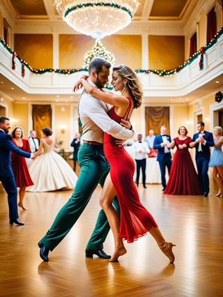 A couple dances in a ballroom, their bodies moving in perfect sync.,realistic,best quality,oil paint ,christmas