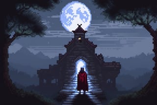 pixel art,
[(dark and mysterious, fantasy artwork:1.35) ::0.25], (masterwork:1.30), (enigmatic character in the foreground:1.20), [white hair: crimson eyes: 0.60], long cloak, (sinister aura:1.20), [moonlit sky: eerie glow: 0.80], fog-covered village, ancient ruins, (twisted trees:0.90), (undertale-like background:1.10)
