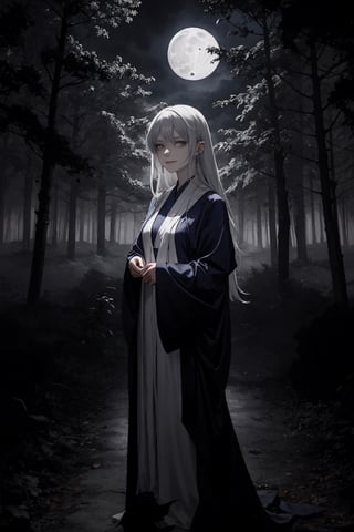 [(mysterious and haunting, internet sensation:1.30) ::0.30], (masterpiece:1.40), (enigmatic and captivating character:1.20), (1female, ethereal beauty, flowing robes), [ghostly white hair: midnight blue highlights: 0.65], haunting presence, piercing stare, BREAK haunted forest, twisted trees, misty atmosphere, glowing orbs, (ominous moon:1.25), (shadows:0.85), (eerie whispers:1.20)


