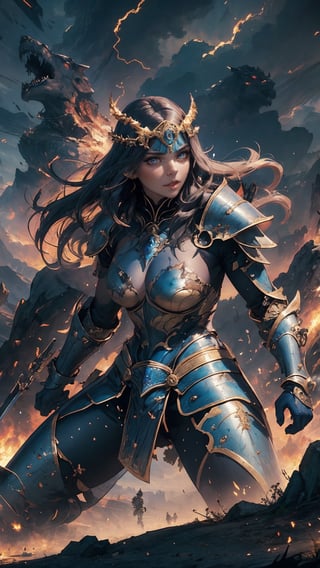 [(epic, grandiose artwork:1.4) ::7], (masterpiece:1.4), BREAK (heroic warrior and majestic landscape:1.3), (1female, formidable woman, fierce expression, battle-worn armor), [golden armor: silver armor: 0.70], (intense sapphire eyes), (ancient battleground:1.2), (stormy skies:1.1), (sword of destiny:0.8), (towering mountains:0.9), (raging battle:1.4), (dragon's silhouette:0.6),More Detail