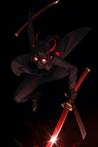 a demonic evil katana, floating in air, red glint, terrific, red glint, red glow, scary, dark gloomy background,