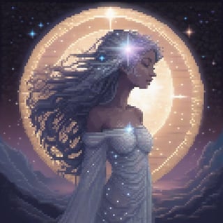 (pixel art:1.4), [(majestic, cosmic artwork:1.5) ::0.25], (masterpiece:1.40), (ethereal goddess:1.30), (1female, divine presence, draped in gossamer dress speckled with glittering stars:1.50), [silver hair: galaxy-patterned hair: 0.60], (sculpting solar systems:1.50), amidst cosmos, nebulas, astral bodies, (radiant hands:1.30), (emanating cosmic energy:1.30), new planets forming, twinkling to life BREAK (celestial background:1.40), (starry sky:0.80), (ethereal glow:1.20),