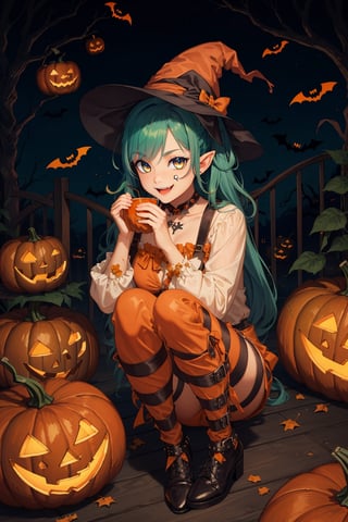 [(whimsical and playful mood:1.4) ::5], (Halloween viral sensation:1.3), BREAK (adorable character and pumpkin patch:1.3), (1cute, mischievous imp, bright orange skin, spiky green hair), [striped jumpsuit: pumpkin costume: 0.80], (gleaming yellow eyes), (colorful pumpkins:1.3), (falling leaves:1.1), (candied apples:1.2), (wavy cornfields:0.9)