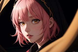 (solo:1.0), modern cel shaded anime, photograph, (wide angle:1), centered, upper body portrait of very beautiful mature woman, 

short pink hair,( Cloak),( inner cloak yellow:1), (outer cloack black:1),yellow eyes, looking at viewer, solo, upper body,(masterpiece:1.4),(best quality:1.4),red lips,parted lips, castle:1,dramatic shadows, extremely_beautiful_detailed_anime_face_and_eyes, an extremely delicate and beautiful, dynamic angle, cinematic camera, dynamic pose, depth of field, chromatic aberration,

detailed background, intricate design, Dsir, 8k UHD, cinematic lighting, image focused, vibrant, (dynamic shadows:0.5), (dynamic lighting:0.5)
